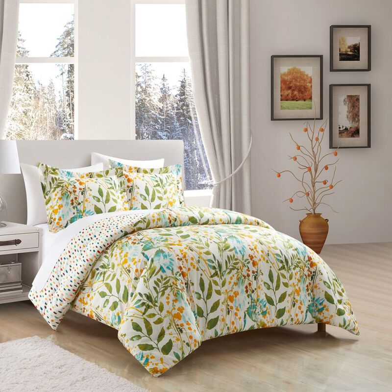 Chic Home Robin Duvet Cover Set Reversible Hand Painted Floral Print Design Bedding with Zipper Closure Multi-color