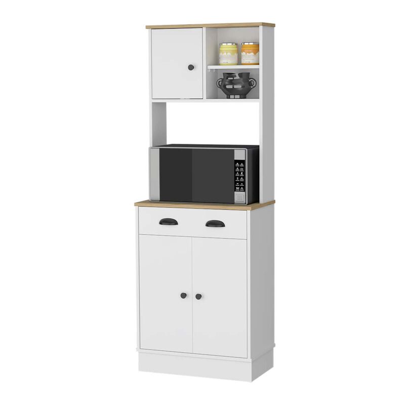 Palmer 2-Door Cabinet Microwave Kitchen Pantry in White and Macadamia