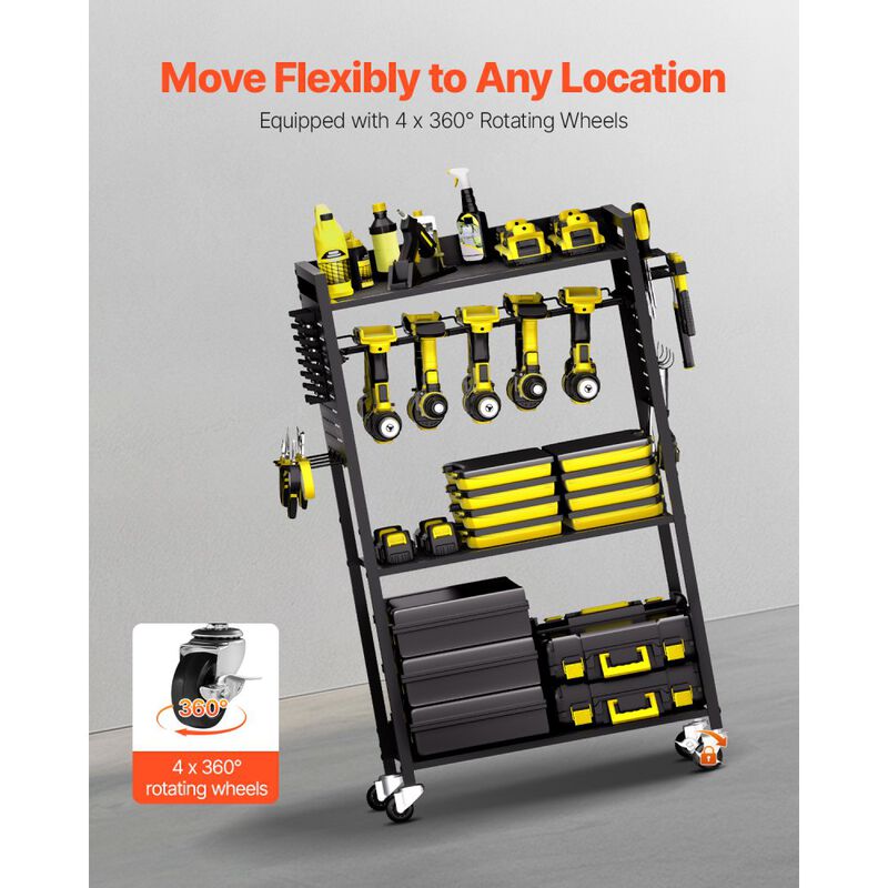 Heavy Duty 4-Tier Rolling Workshop Tool Cart with Drill Holder and Storage Shelves-Black image number 6