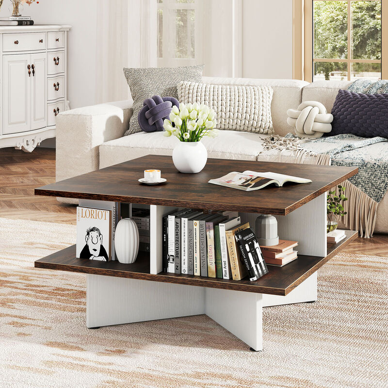 Modern 2-Tier Square Coffee Table Featuring 4 Functional Storage Compartments