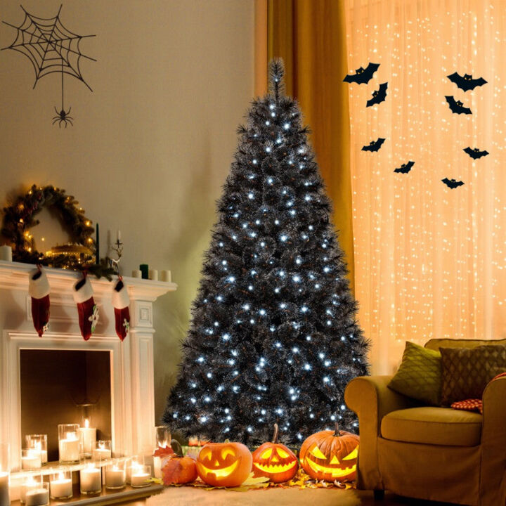 7ft Black Halloween Christmas Tree with PVC Branch Tips and 320 White LED Lights
