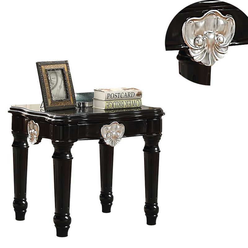 Wooden End Table With Contrast Carved Motif Turned Legs, Black image number 3