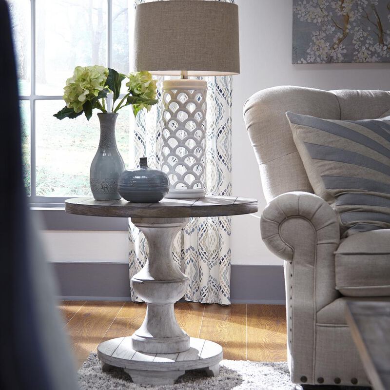 Liberty Furniture Sedona Round End Table in Heavy Distressed White w/ Gravel Top image number 3