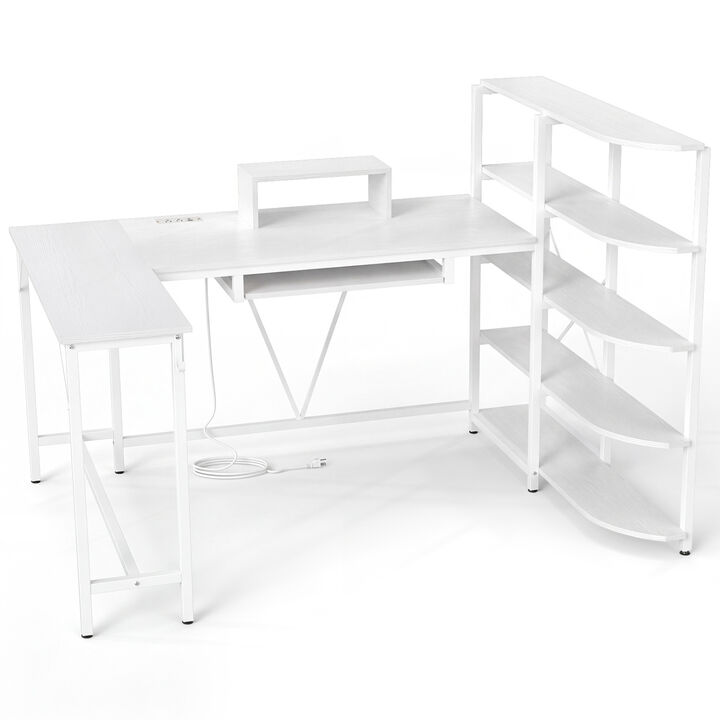 U Shaped Computer Desk with 5 Tier Storage Bookshelf and Keyboard Tray