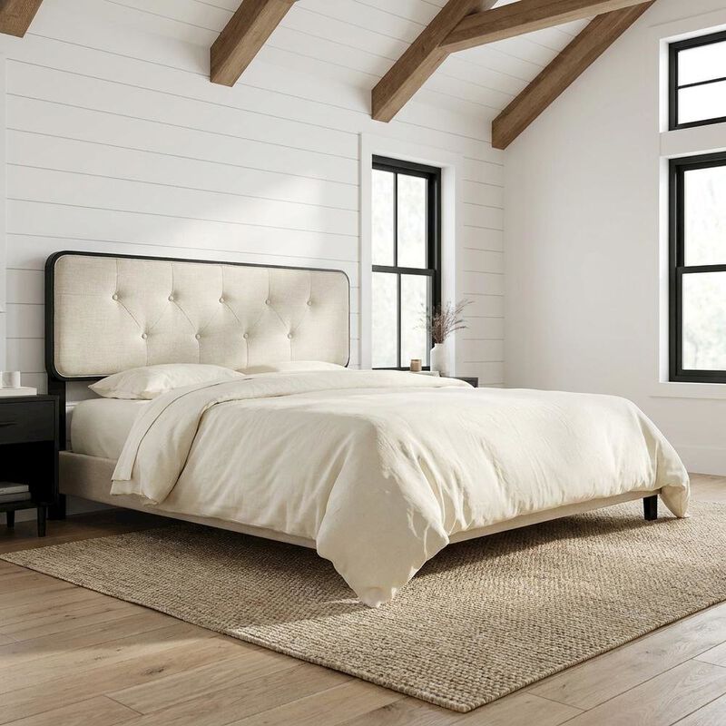 Fabric and Wood Button-Tufted King Headboard Only for Bed Frame, Black Beige image number 3