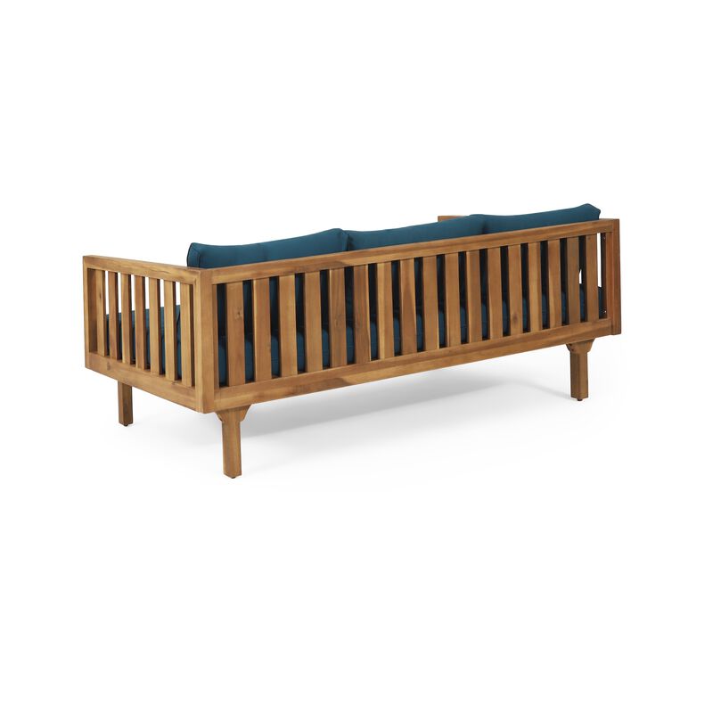Clara Outdoor 3 Seater Daybed Sofa, Slatted Teak Wood, Blue Fabric image number 2