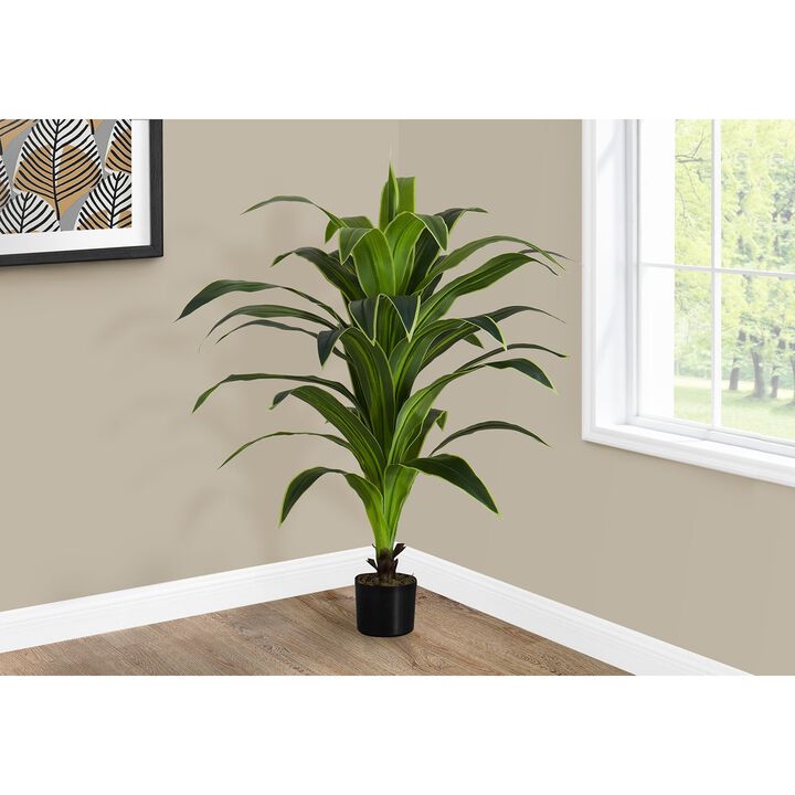 Monarch Specialties I 9542 - Artificial Plant, 47" Tall, Dracaena Tree, Indoor, Faux, Fake, Floor, Greenery, Potted, Real Touch, Decorative, Green Leaves, Black Pot
