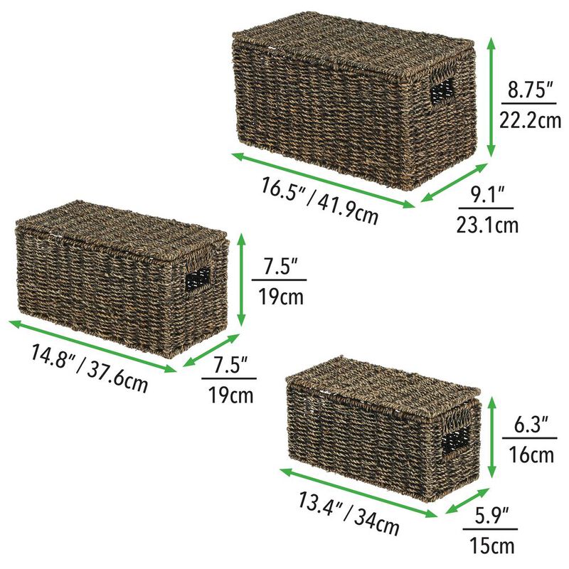 mDesign Woven Seagrass Home Storage Basket with Lid, Set of 3 - Brown Finish