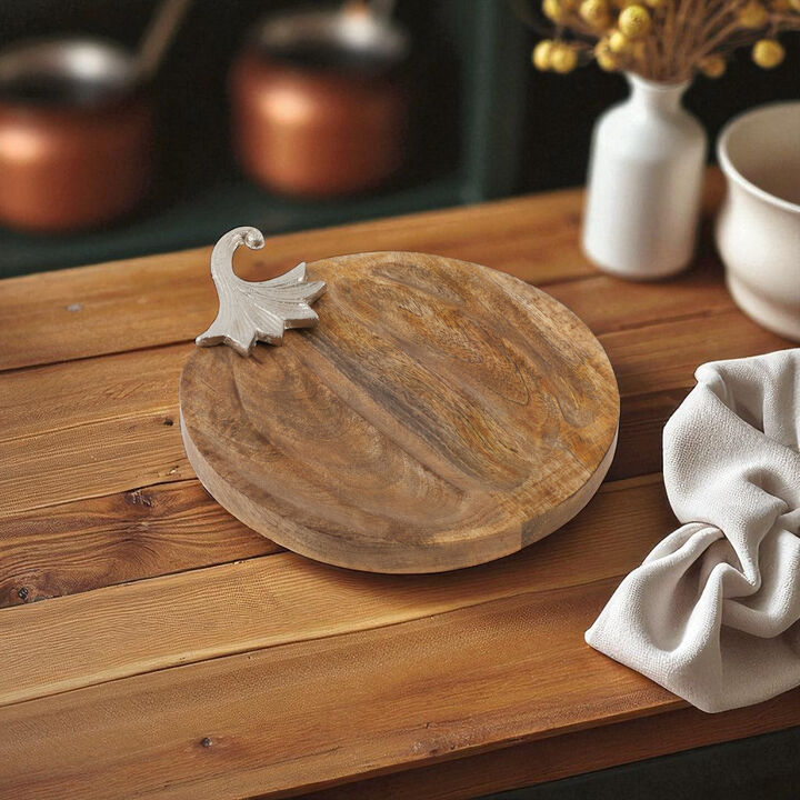 Wooden Pumpkin Tray with Aluminum Stem for Fall Tabletop or Entryway Decor