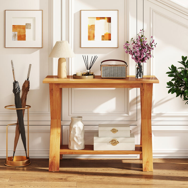 Solid Teak Wood Console Table with Lower Storage Shelf for Entryway or Living Room