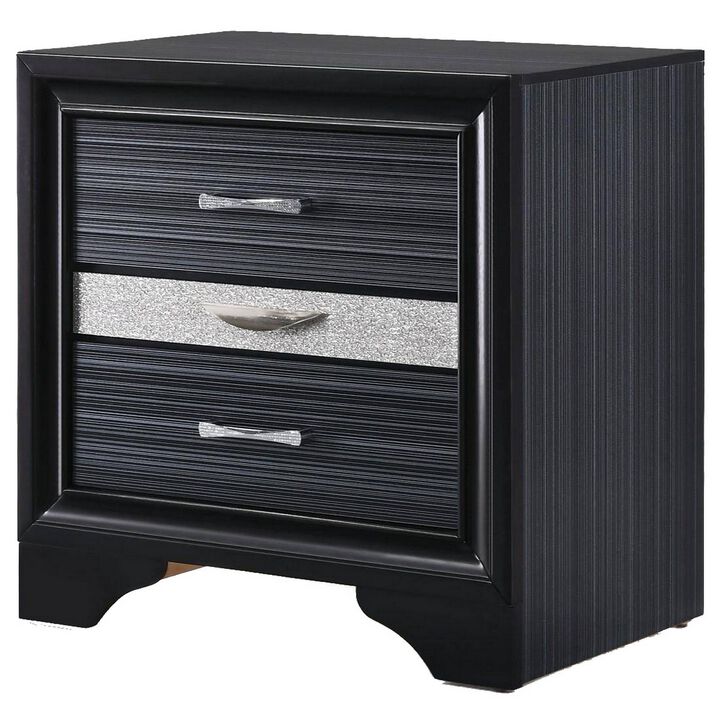 Two Tone Wooden Nightstand With Three Drawers, Black And Silver-Benzara