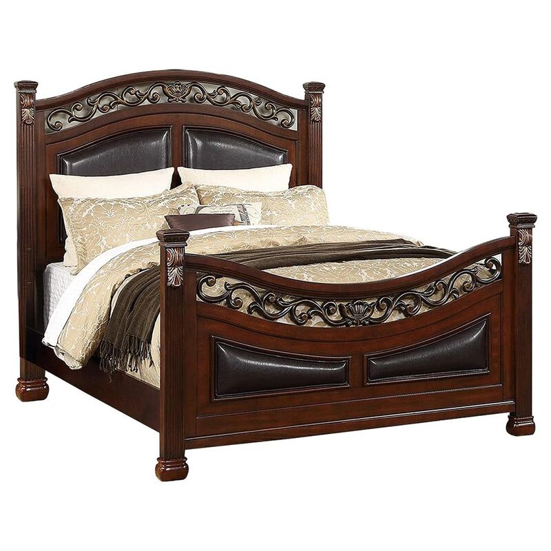 Meo Queen Size Bed, Padded Carved Dark Brown Faux Leather Upholstered - Benzara