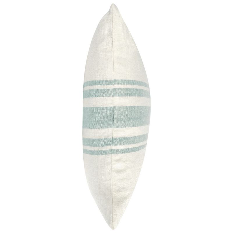 22 Inch Square Linen Accent Throw Pillow, Stripe Design, Eucalyptus, White - Benzara