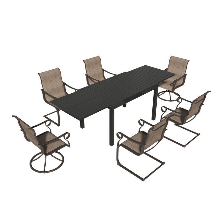 MONDAWE 7-Piece Dining Set For Extra Large Aluminum Telescopic Table,2 Pcs Steel Textiliene Swivel Chairs and 2 Pcs Steel Textiliene Spring Chairs