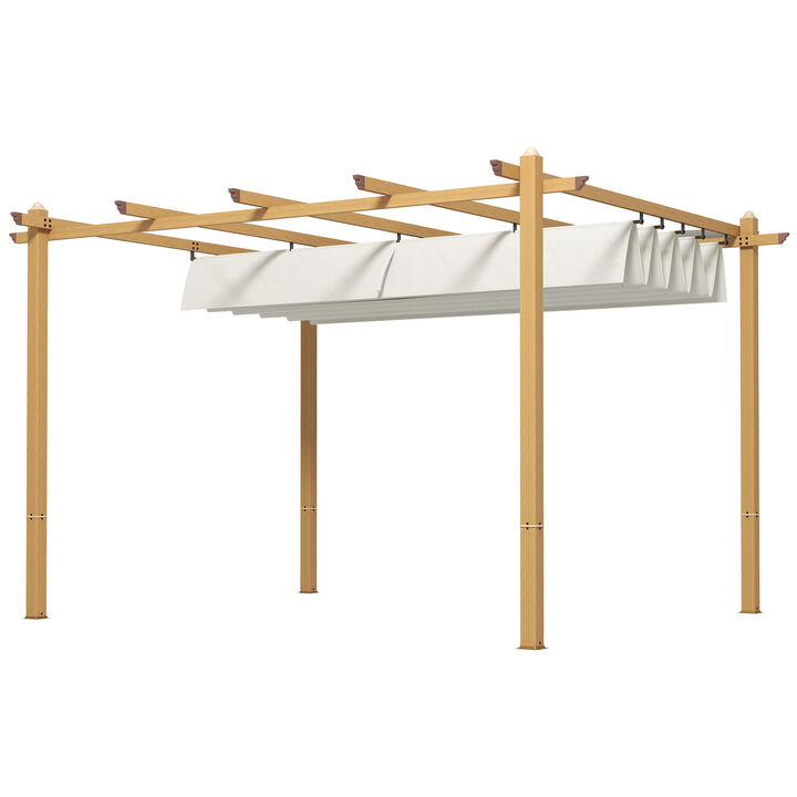 Outsunny 10' x 12' Retractable Pergola Canopy, Wood Grain Aluminum Pergola, Outdoor Sun Shade Shelter for Grill, Garden, Patio, Backyard, Deck, Cream White
