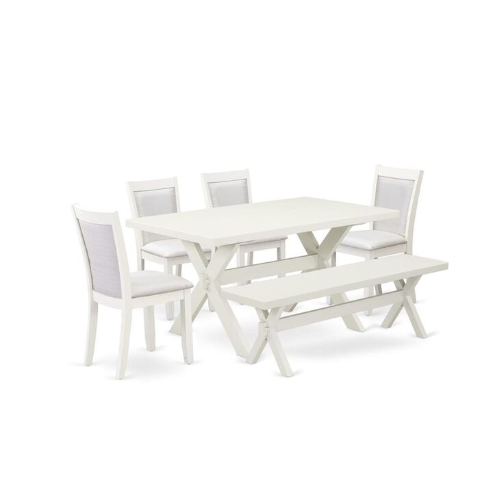 X026MZ001-6 6-Pc Dining Table Set Contains a Dinner Table - 4 Cream Dining Chairs and a Bench - Wire Brushed Linen White Finish