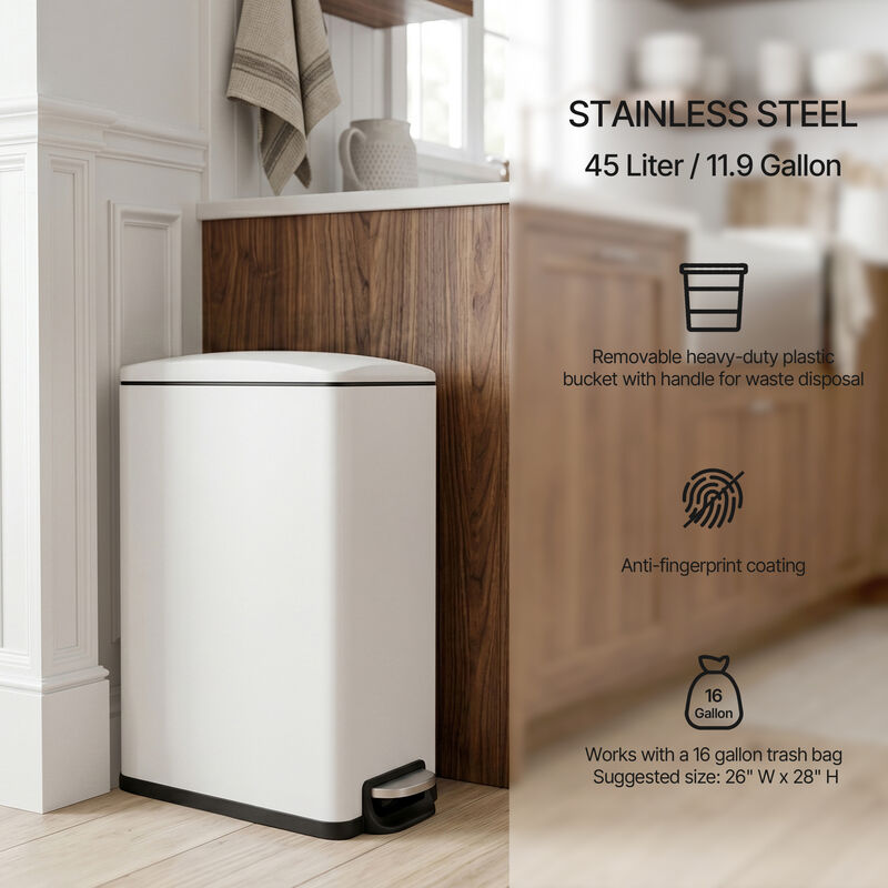 Innovaze 11.9 Gal./ 45 Liter  Slim Stainless-Steel-Made Matt White Step-on kitchen Trash Can image number 5