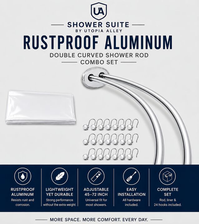 Shower Suite by Utopia Alley &ndash; Rustproof Aluminum Double Curved Shower Curtain Rod Combo Set with Liner & 24 Hooks, Adjustable 45&ndash;72 Inch Wall Mounted Dual Rod, Extra 30% Space