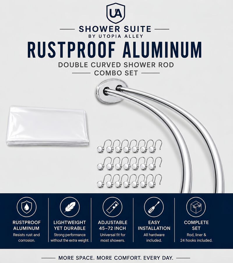Shower Suite by Utopia Alley &ndash; Rustproof Aluminum Double Curved Shower Curtain Rod Combo Set with Liner & 24 Hooks, Adjustable 45&ndash;72 Inch Wall Mounted Dual Rod, Extra 30% Space image number 1