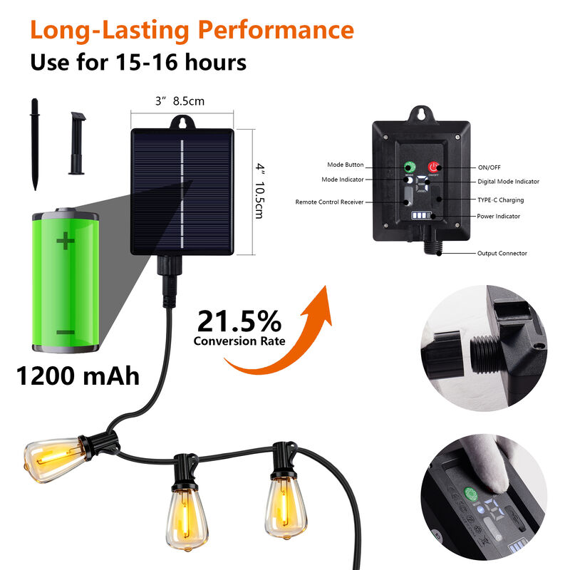15-Light 60 ft. Outdoor Solar Powered Integrated LED Edison String Light image number 6