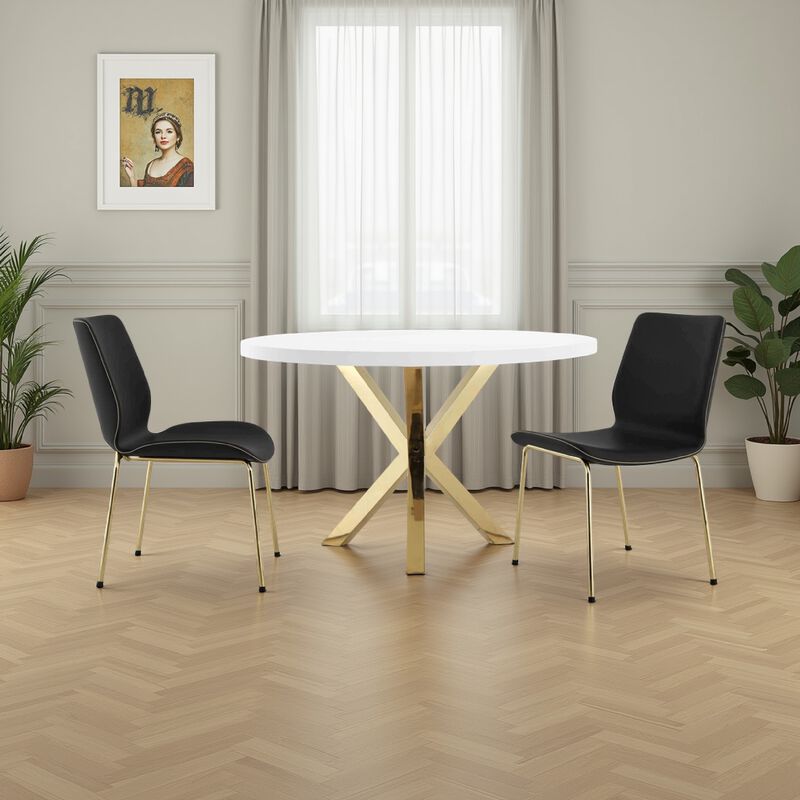 Emi 47 Inch Dining Table, Round White Lacquer Top, X Twisted Gold Legs