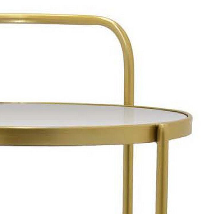 Joy 29 Inch Mirrored Plant Stand, Rolling Round Cart, 2 Tiers, Gold Metal - Benzara