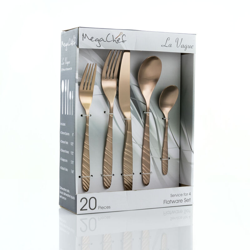 MegaChef La Vague 20 Piece Flatware Utensil Set, Stainless Steel Silverware Metal Service for 4 in Matte Rose Gold