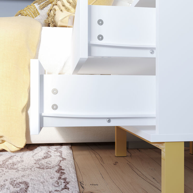2-Drawer White Wooden Nightstand Bedside Table with 4-Gold Metal Legs 15.7 in. D x 19.7 in. W x 17.9 in. H