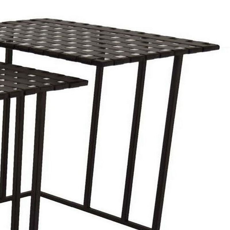 Set of 3 Plant Stand Side Tables, Rectangular Mesh Top, Black Metal Frame - Benzara