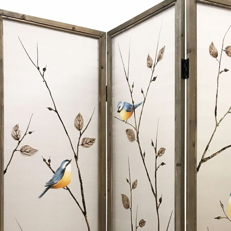 Stylish Fabric and Wood Folding Room Divider with Three Panels for Home or Office
