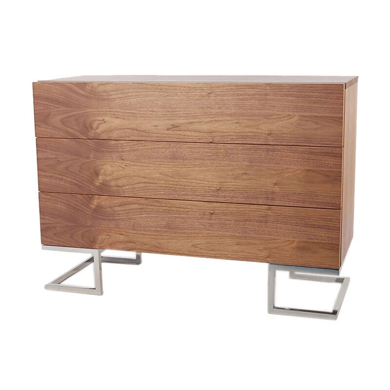 Sam 39 Inch Dresser, 3 Drawers, Sleek Chrome Steel Legs, Walnut Brown Wood