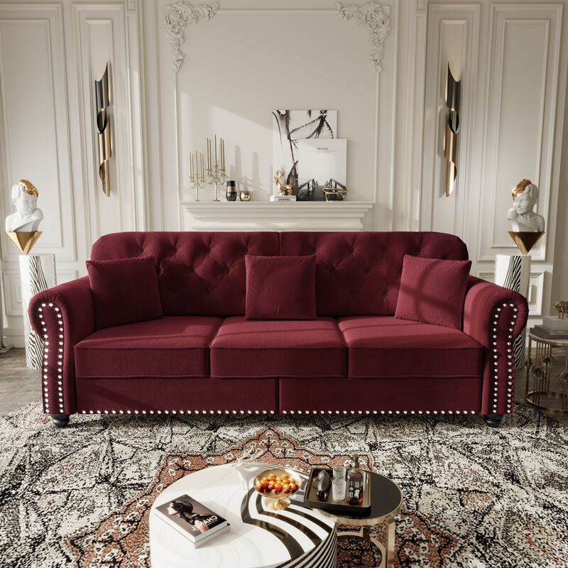 Whisen 3 Seat Velvet Sofa with 3 Ottomans, Nailhead Trim, Mid-Century Modern, for Living Room image number 2