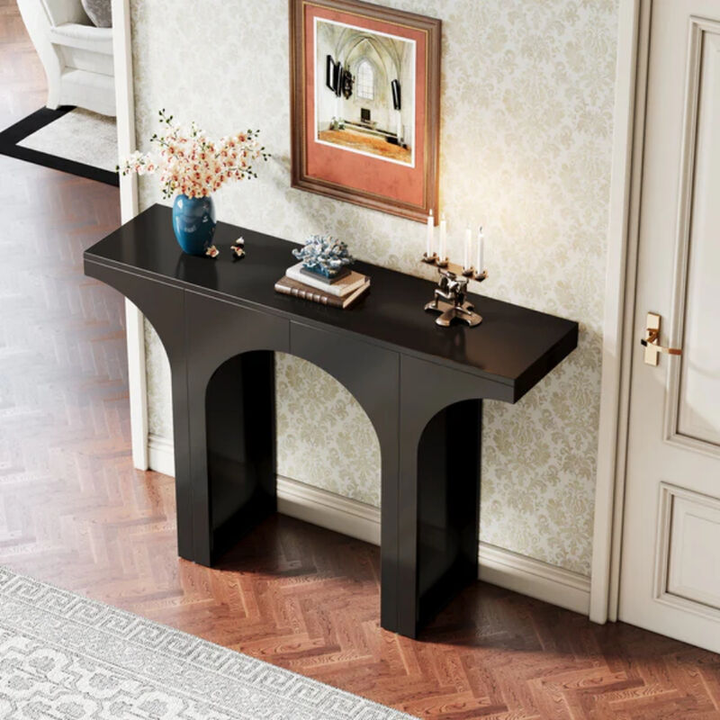 47 Inch Entryway Console Table, Wood Sofa Table with Arch Base-Black