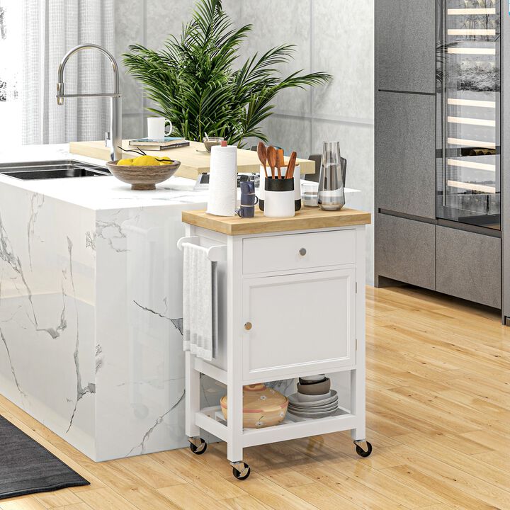 Kitchen Island on Wheels, Rolling Kitchen Cart with Rubberwood Top, Drawer, Wine Rack and Cabinet, White