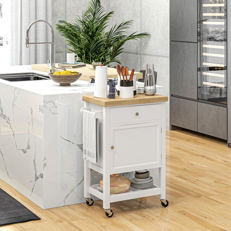 White Kitchen Cart: Rubberwood Top, Wine Rack, Wheeled