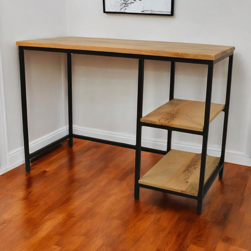HomeRoots 42" Natural and Black Solid Wood and Metal Computer Desk image number 1