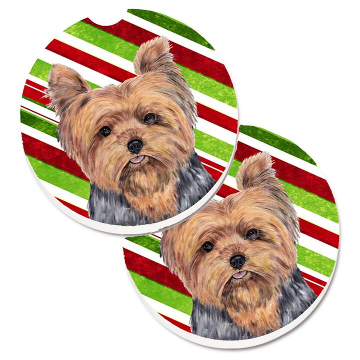 Caroline's Treasures Yorkie Candy Cane Holiday Christmas Set of 2 Cup Holder Car Coasters SC9348CARC, 2.56, Multicolor