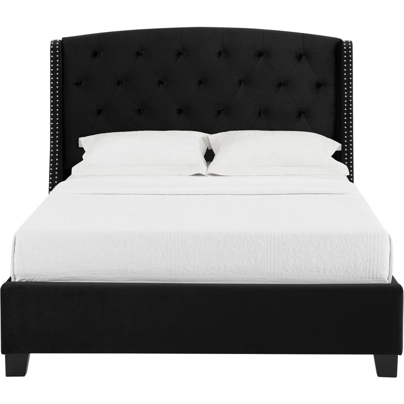 Elle Queen Size Bed, Low Profile, Black Button Tufted Upholstered Headboard - Benzara