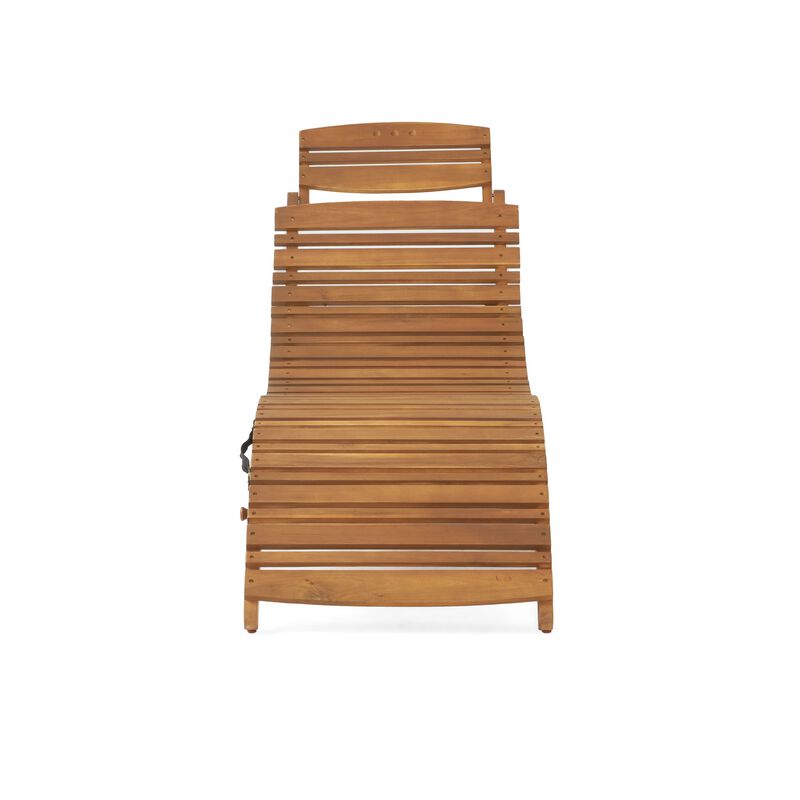 Hanie Foldable Chaise Lounger, Outdoor, Open Slatted in Brown Acacia Wood - Benzara