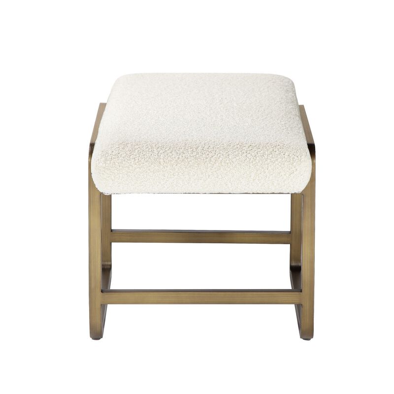 Loer 18 Inch Modern Accent Stool, Ivory Boucle Upholstery, Sled Brass Legs - Benzara