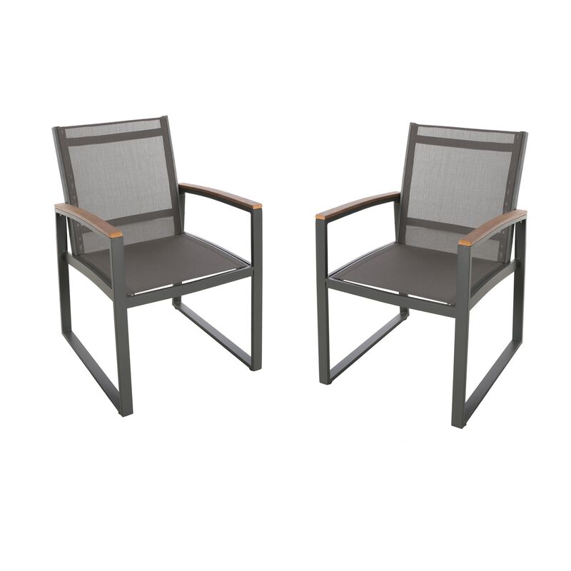 Outdoor Dining Chair Set of 2, Gray Mesh Seat and Brown Faux Wood, Metal - Benzara