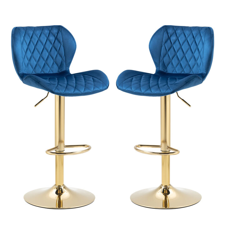 Dark Blue Velvet Adjustable Swivel Bar Stools Set Of 2 Modern Counter Height Barstools With Golden Color Base