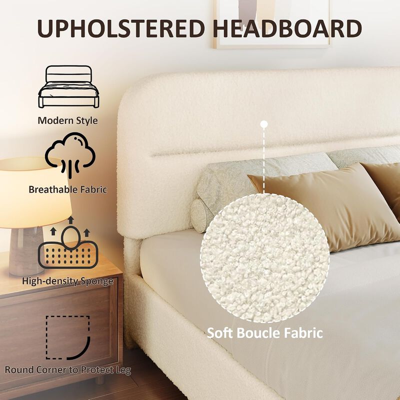 Vipbear Upholstered Boucle Platform Bed Frame with Adjustable Wide Headboard, Wooden Slats, Beige image number 3