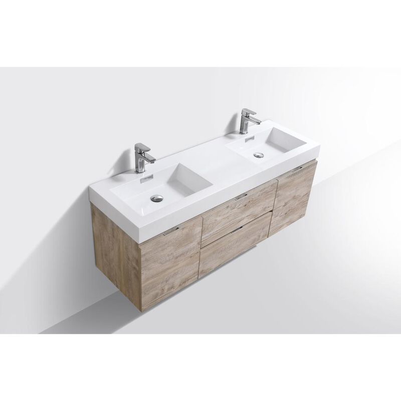 Kubebath Bliss 60 Double  Sink Nature Wood Wall Mount Modern Bathroom Vanity