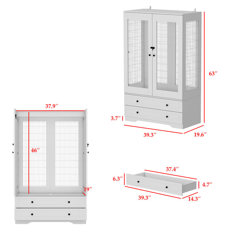 FUFU&GAGA White Storage Cabinet with 15mm PB, 18mm Wire Mesh Frame, and Melamine Finish, (37.9" L x 19" W x 46" H), White