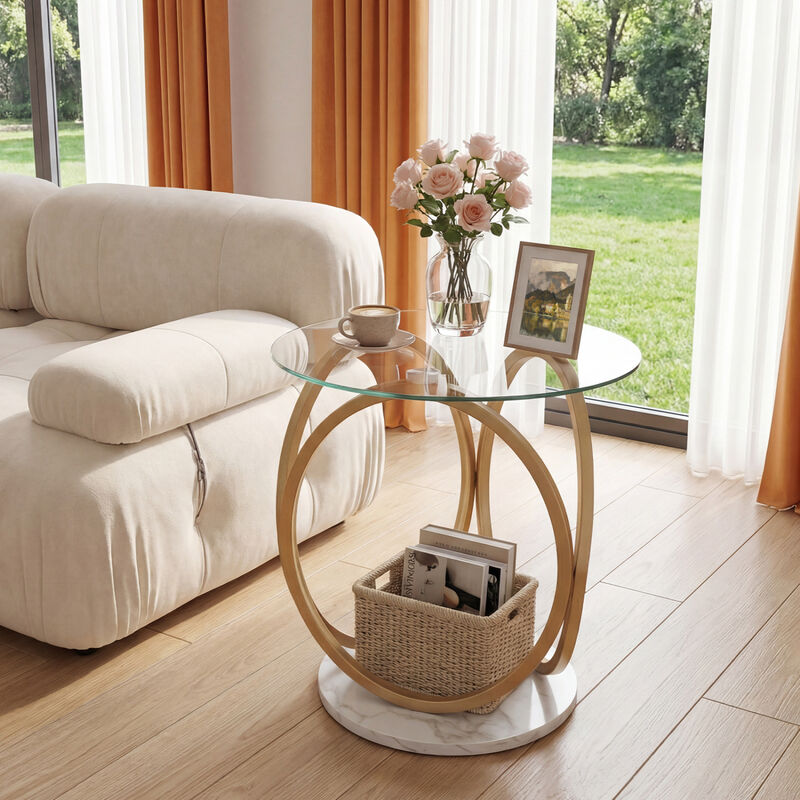 Round Accent Side Table with Faux Marble Design and Tempered Glass Top image number 1