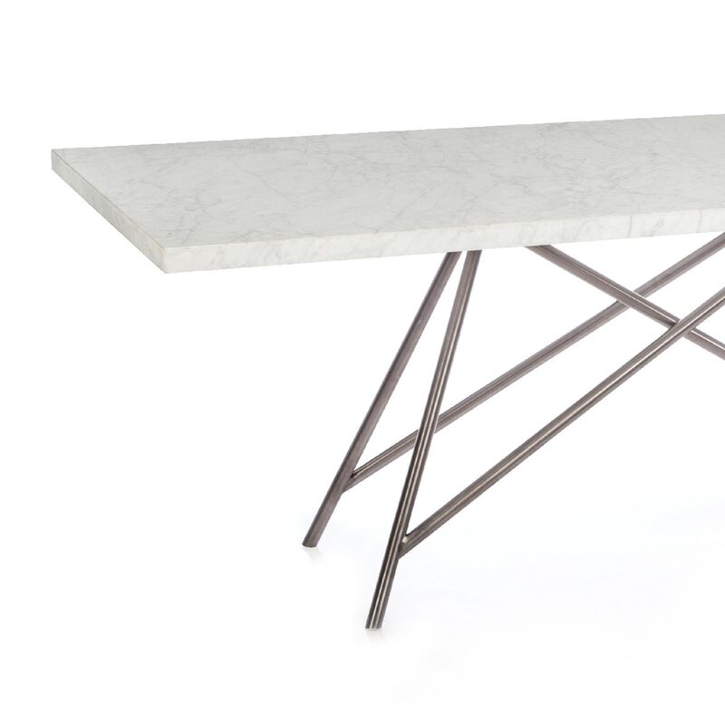 Levi 80 Inch Rectangular Carrara Marble Dining Table, Steel Legs, Chrome