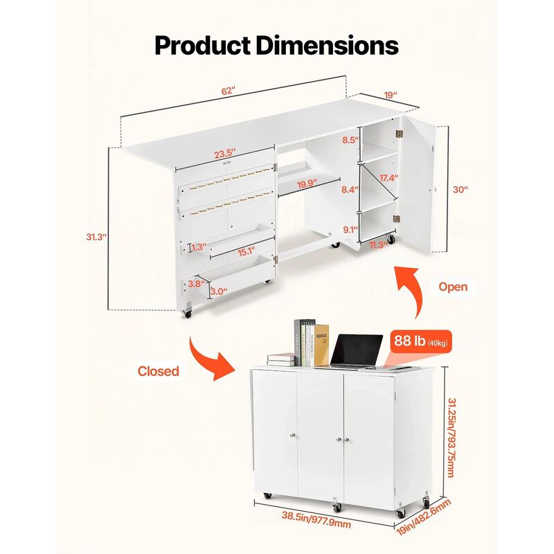 Folding Sewing Table with Cabinet, Wheels, Storage Shelf and Craft Station - White image number 2