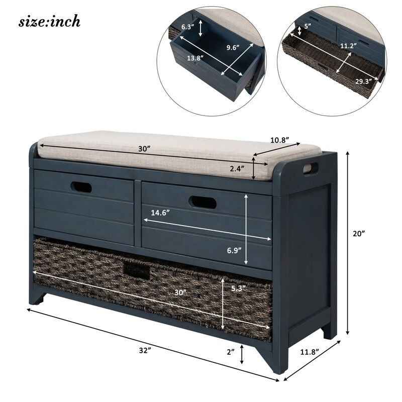 Storage Bench With Removable Basket And 2 Drawers, Fully Assembled Shoe Bench