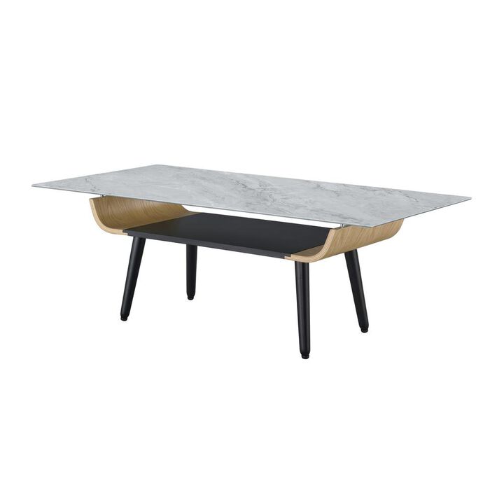 Landon Coffee Table with Glass Gray Marble Texture Top and Bent Wood Design